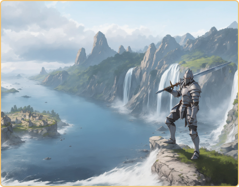 Knight in armor, generated using AI, standing on a cliff, looking at mountains and waterfalls